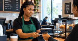 A worker attending to a customer in a cafe for How to Turn a Student Job into Relevant Work Experience