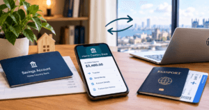 A bank saving cards, phone, passport and laptop on the table for Home country bank account while studying abroad