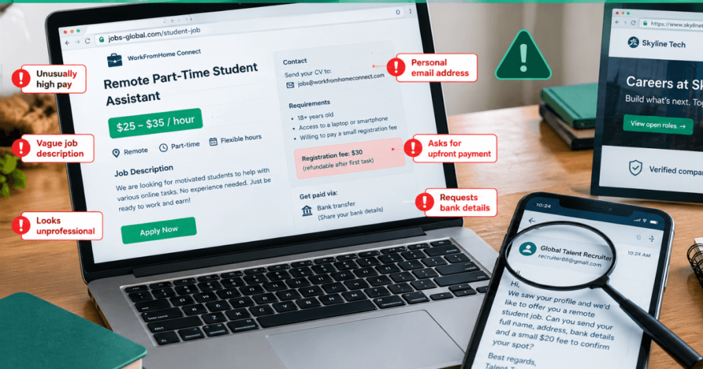 A laptop showing job sites and pointers for scam check for How to Spot a Fake Student Job Online Before You Apply