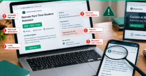 A laptop showing job sites and pointers for scam check for How to Spot a Fake Student Job Online Before You Apply